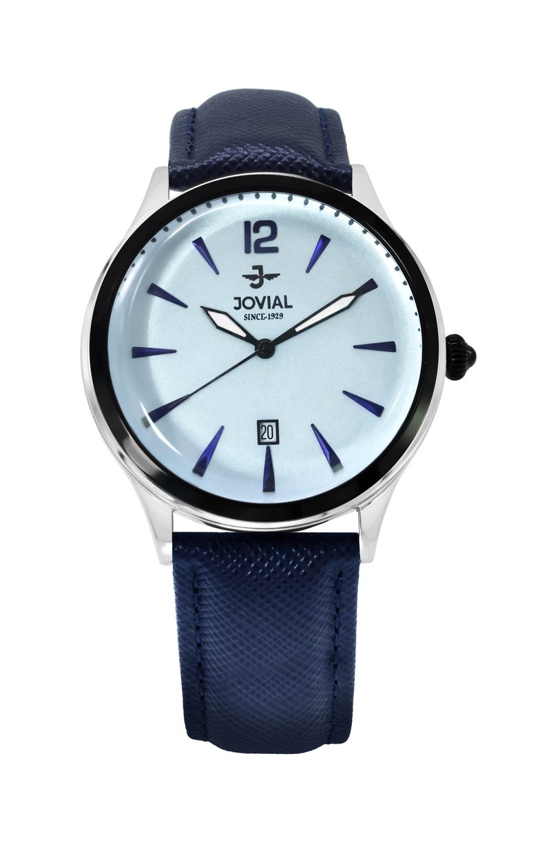 JOVIAL 5229 GBLQ54E Men's Leather Strap Watch,Blue Dial, Water Resistant, Analog, 40MM - Image 1