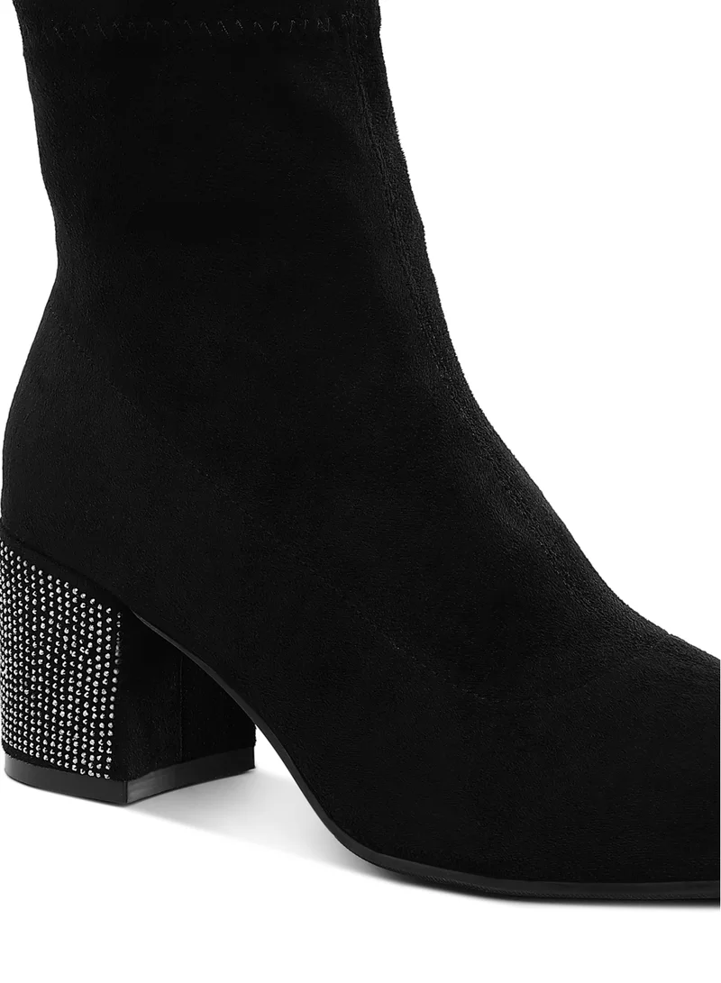 London Rag Rhinestones Embellished Block Heel Boots in Black