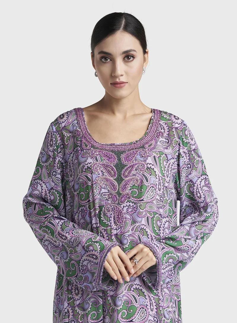 Kashkha Lilac Paisley Print Hand Work Viscose Crepe Jalabiya (VG3140)