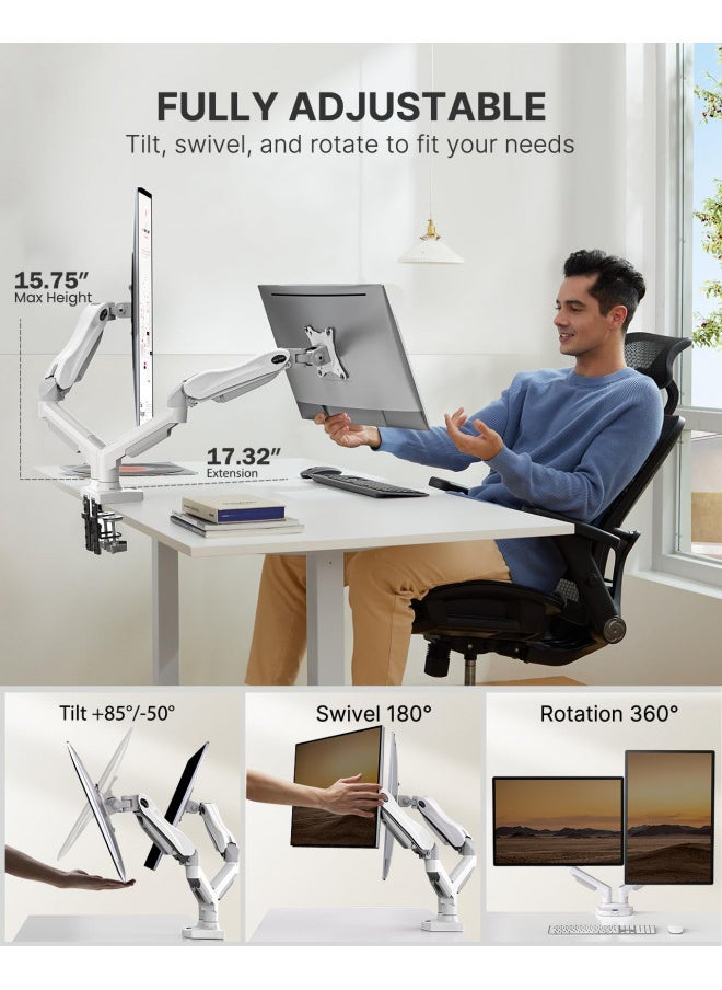 HUANUO HUANUO Dual Monitor Stand - Full Adjustable Monitor Desk Mount Swivel Vesa Bracket with C Clamp, Grommet Mounting Base for 13 to 32 Inch Computer Screens - Each Arm Holds 4.4 to 19.8lbs - Whtie  - Image 2