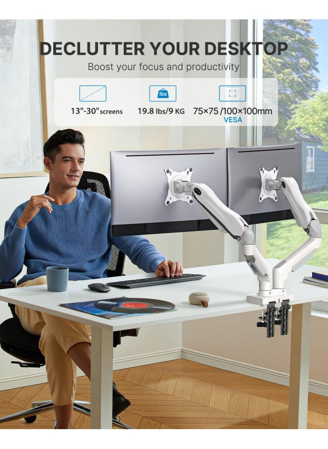 HUANUO HUANUO Dual Monitor Stand - Full Adjustable Monitor Desk Mount Swivel Vesa Bracket with C Clamp, Grommet Mounting Base for 13 to 32 Inch Computer Screens - Each Arm Holds 4.4 to 19.8lbs - Whtie  - Image 1