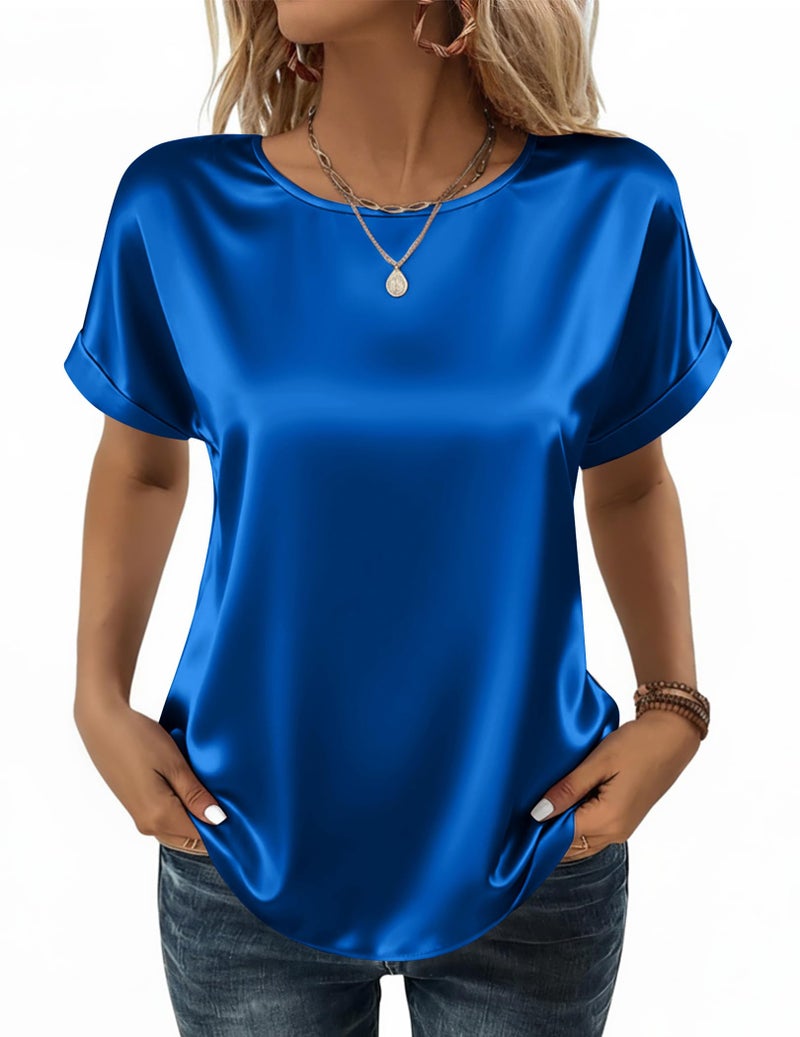 Zeagoo Women Silk Satin Tops Roll-up Short Sleeve Blouse Crewneck Shirts Business Casual Outfits Cute Summer Clothes Royal Blue - Image 1