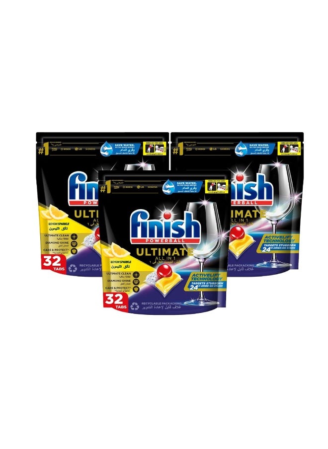 Finish - Lemon Sparkle Powerball Quantum Ultimate Dishwasher Detergent 32 Tablets Pack of 3 - Image 1
