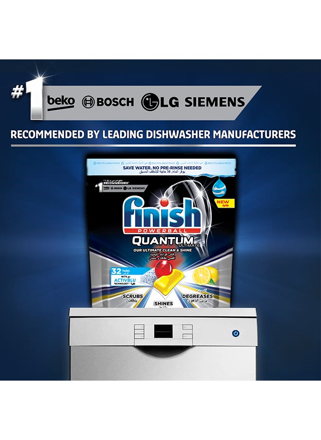 Finish - Lemon Sparkle Powerball Quantum Ultimate Dishwasher Detergent 32 Tablets Pack of 3 - Image 1