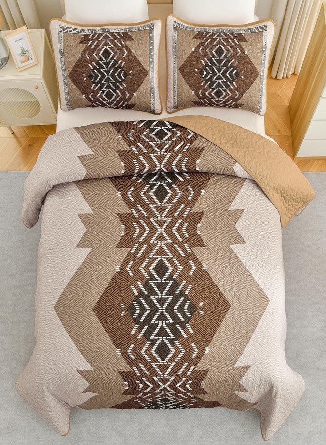 Dintszyayue Boho Queen Size Quilt Set,3 Pieces Aztec Texture Bedding Coverlet Set Brown Bedspread Coverlet Set Soft Microfiber Bed Cover Bohemian Lightweight Bedding Set for All Season(Brown,90"x96") - Image 2