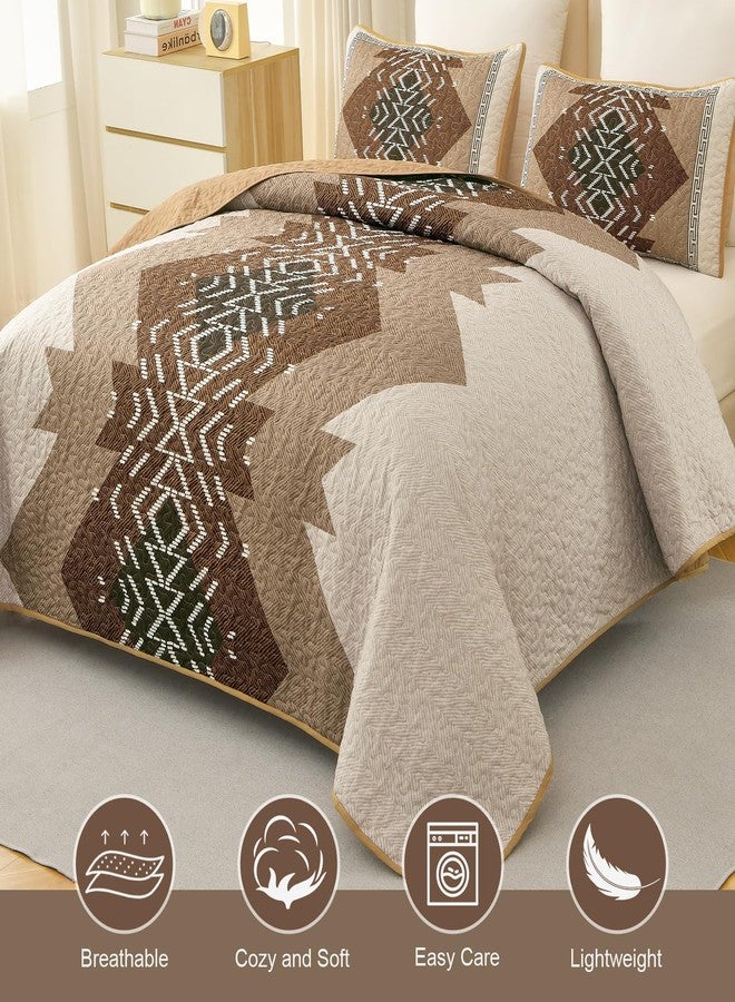 Dintszyayue Boho Queen Size Quilt Set,3 Pieces Aztec Texture Bedding Coverlet Set Brown Bedspread Coverlet Set Soft Microfiber Bed Cover Bohemian Lightweight Bedding Set for All Season(Brown,90"x96") - Image 3