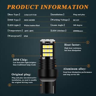Automaze 1156 BA15S 180 Degree P21W Led Turn Signal Bulb, Front Rear Backup Light, Canbus Error Free, 3030 Chipset 24 SMD (Pack of 2, White) - Image 4