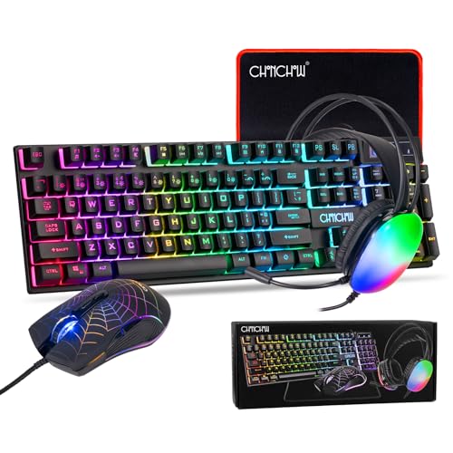 CHONCHOW Gaming Keyboard Mouse Mousepad and Headset with mic Combo All in One USB Wired RGB Backlit Rainbow Side Button Gamer Bundle Set Compatible with PC Windows Xbox one PS4 PS5(Black) - Image 1