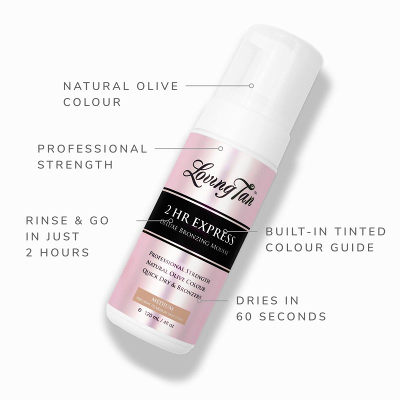 Loving Tan موس التسمير الذاتي Loving Tan 2 HR Express، متوسط - خالي من الخطوط، طبيعي، جودة احترافية - 5+ تطبيقات من التسمير الذاتي بدون شمس لكل زجاجة، خالي من القسوة، DHA مشتق طبيعياً - 4 FL أونصات - Image 4