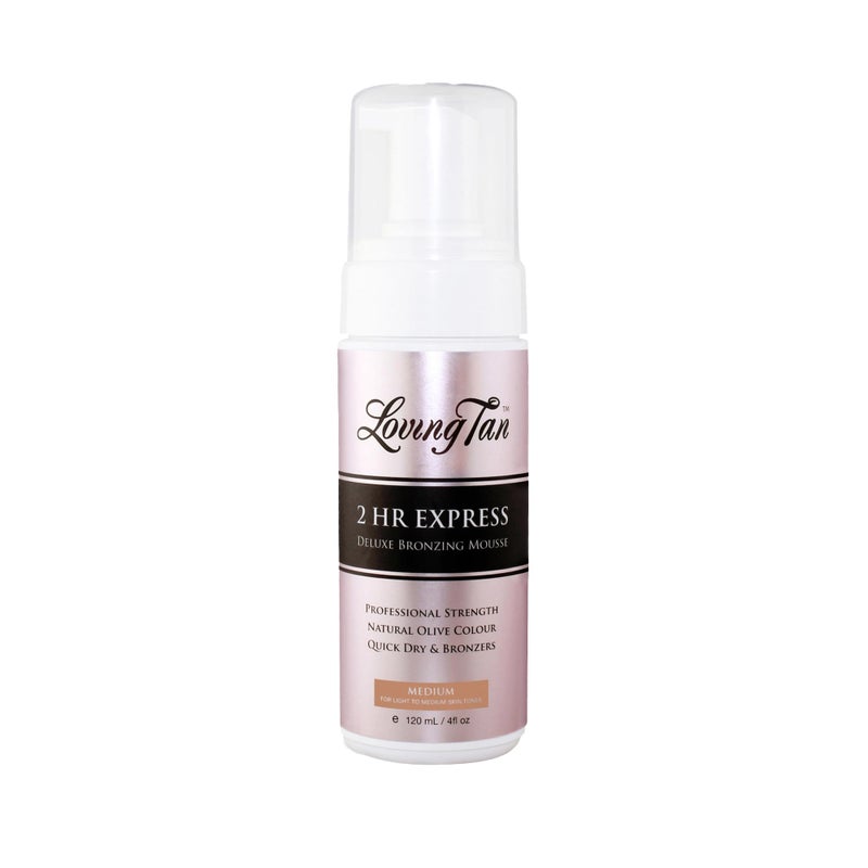 Loving Tan موس التسمير الذاتي Loving Tan 2 HR Express، متوسط - خالي من الخطوط، طبيعي، جودة احترافية - 5+ تطبيقات من التسمير الذاتي بدون شمس لكل زجاجة، خالي من القسوة، DHA مشتق طبيعياً - 4 FL أونصات - Image 1