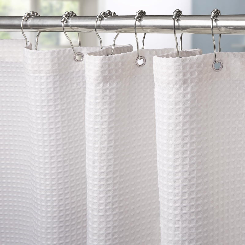 VANZAVANZU Shower Curtain for Bathroom with Metal Hooks Waffle Fabric Shower Curtain Heavy Duty Bath Curtain for Wet Room Bathtub Shower Stall Weighted Hem Water Resistant  182 x 214cm White