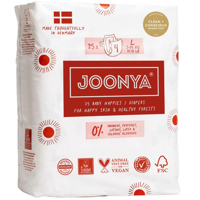 Joonya Baby Diapers, Size 4 L (15-31 lb) - 1 Bag of 25 - Non Toxic, Eco-Friendly, High Absorbency, Overnight Use, Ultra Slim & Soft - Made in Denmark - Image 1