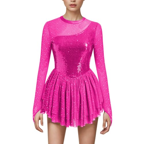 AFAVOM Sequin Figure Skating Dress for Women Girls Long Sleeve Mesh Rhinestone Ice Skating Dress Glitter Asymmetrical Chiffon Skirt Shiny Ballet Lyrical Costume for Competition Performance Hot Pink XL - Image 1