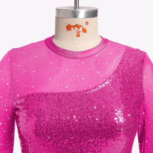 AFAVOM Sequin Figure Skating Dress for Women Girls Long Sleeve Mesh Rhinestone Ice Skating Dress Glitter Asymmetrical Chiffon Skirt Shiny Ballet Lyrical Costume for Competition Performance Hot Pink XL - Image 3