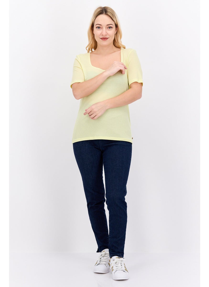 Scotch & Soda Women Square Neck Short Sleeve Ribbed Top, Yellow  - Image 2