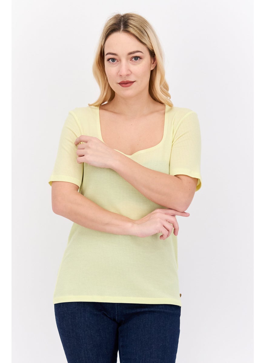 Scotch & Soda Women Square Neck Short Sleeve Ribbed Top, Yellow  - Image 1