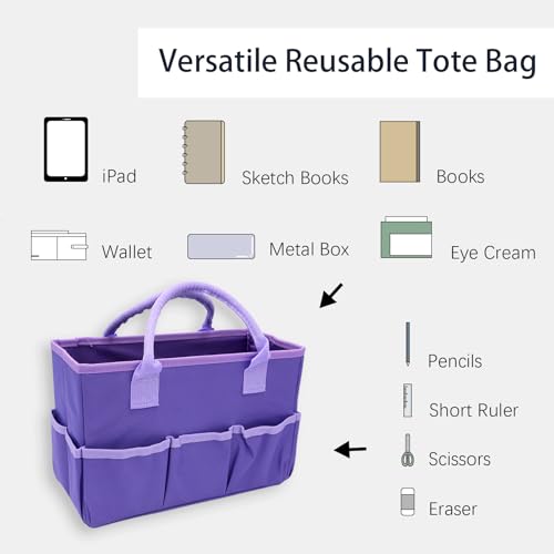 Cupohus Art Organizer Craft Storage Tote Bag with Pockets and Hadles, Oxford Fabric Carrying Caddy for Teacher, Officer, Artist, Students, Traveler, and more – Purple - Image 2