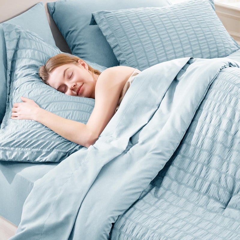 CozyLux Full Size Comforter Sets with Sheets 7 Pieces, Light Blue Seersucker Bed in a Bag Textured Luxury Soft Bedding Set with Down Alternative Comforter, Sheets, Pillowcases & Shams for All Seasons - Image 5