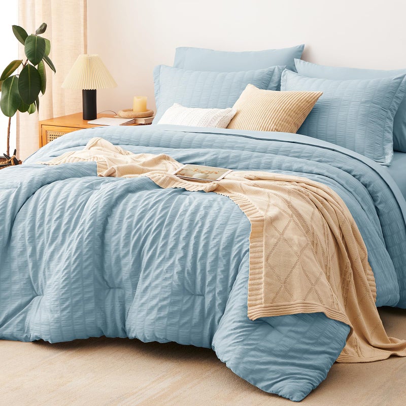 CozyLux Full Size Comforter Sets with Sheets 7 Pieces, Light Blue Seersucker Bed in a Bag Textured Luxury Soft Bedding Set with Down Alternative Comforter, Sheets, Pillowcases & Shams for All Seasons - Image 1