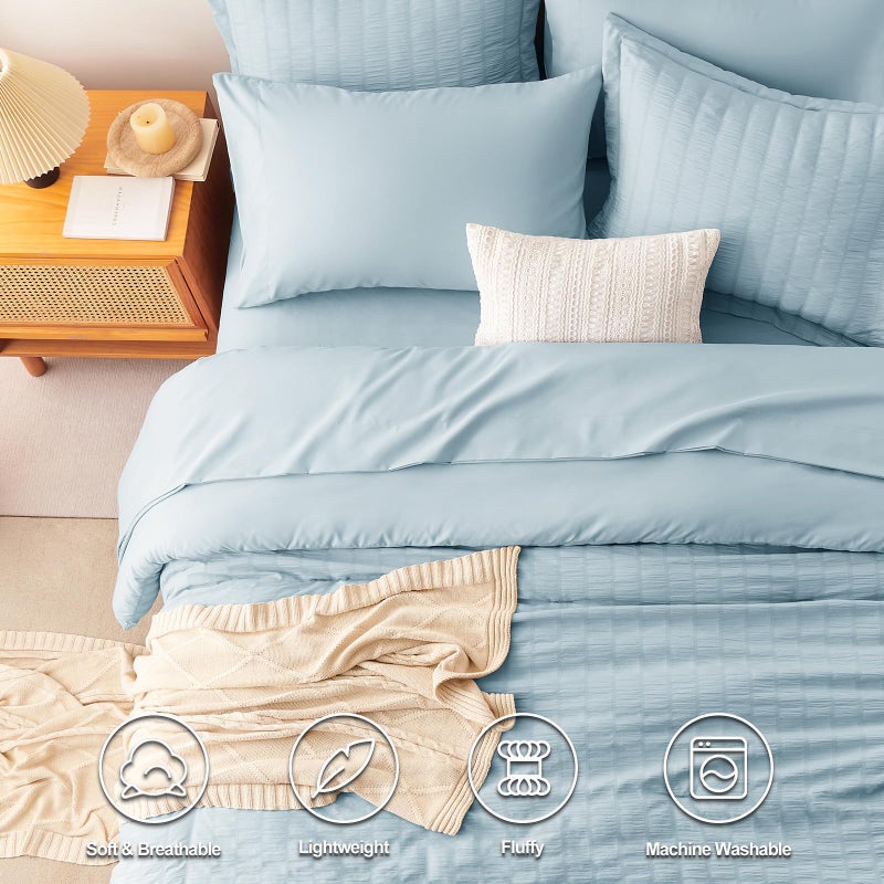 CozyLux Full Size Comforter Sets with Sheets 7 Pieces, Light Blue Seersucker Bed in a Bag Textured Luxury Soft Bedding Set with Down Alternative Comforter, Sheets, Pillowcases & Shams for All Seasons - Image 2