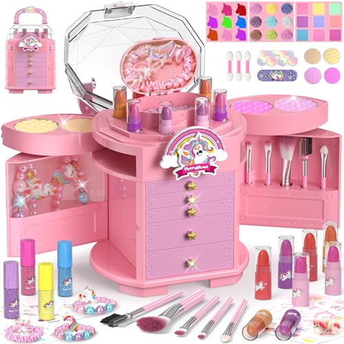 PERRYHOME Kids Makeup Set for Girls 63 Pcs Washable NonToxic Real Cosmetic Toddler Makeup Kit Unicorn Princess Makeup Birthday Gifts Sustainable Materials Girl Gifts for 3 4 5 6 7 8 9 10 11 12 - Image 1