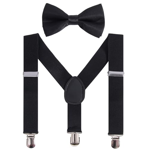 Bwerfuet Boys Girls Suspenders Bow Tie Set Adjustable Classic Y Back Solid Color Suspenders for Kids (Black) - Image 1