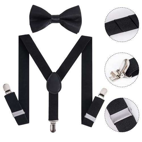 Bwerfuet Boys Girls Suspenders Bow Tie Set Adjustable Classic Y Back Solid Color Suspenders for Kids (Black) - Image 2
