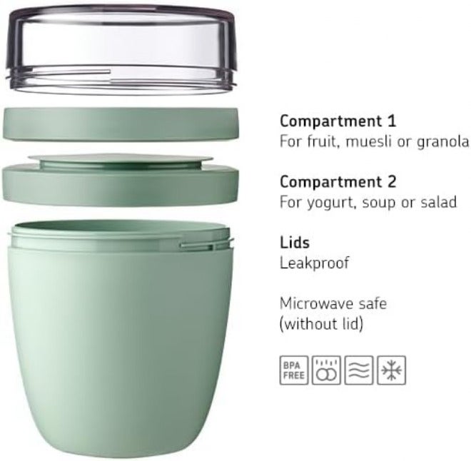 Mepal – Lunchpot Ellipse – Practical Yoghurt Cup & Muesli Cup – Separate Compartments for Yoghurt & Muesli - Suitable for Freezer, Microwave & Dishwasher – 500 ml + 200 ml – Nordic Sage - Image 2