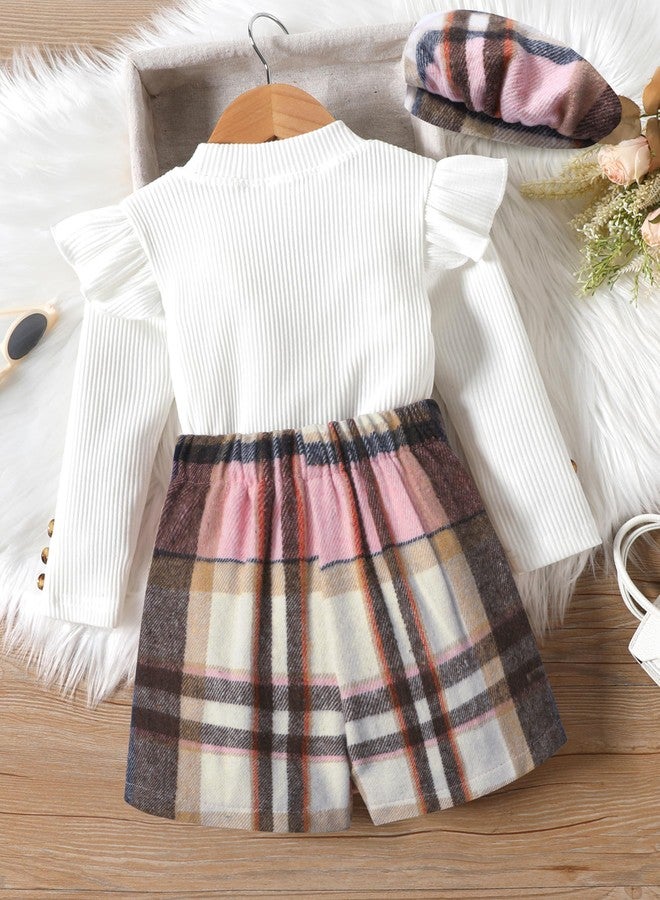 Aulyffo Toddler Girl Clothes 2t Girls Outfits 3t White Ruffle Shirt Button Long Sleeve Tops + Pink Plaid Mini Skirt Shorts + Cute Hat 3Pcs Toddler Girl Fall Outfit - Image 5