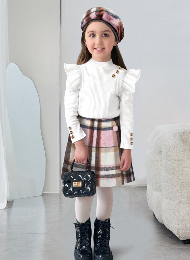 Aulyffo Toddler Girl Clothes 2t Girls Outfits 3t White Ruffle Shirt Button Long Sleeve Tops + Pink Plaid Mini Skirt Shorts + Cute Hat 3Pcs Toddler Girl Fall Outfit - Image 3
