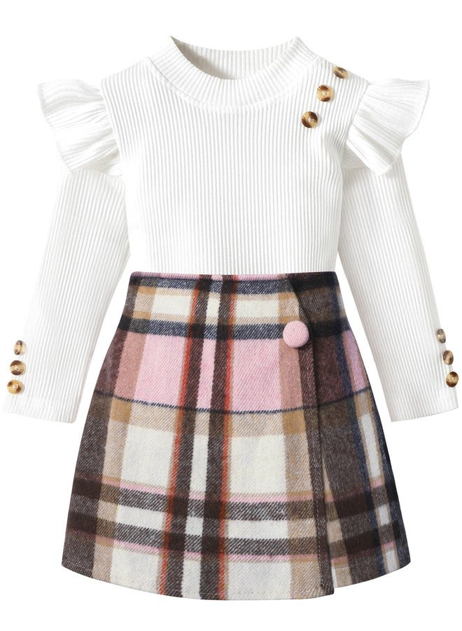Aulyffo Toddler Girl Clothes 2t Girls Outfits 3t White Ruffle Shirt Button Long Sleeve Tops + Pink Plaid Mini Skirt Shorts + Cute Hat 3Pcs Toddler Girl Fall Outfit - Image 1