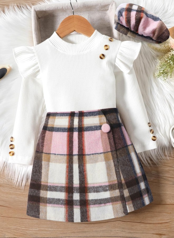 Aulyffo Toddler Girl Clothes 2t Girls Outfits 3t White Ruffle Shirt Button Long Sleeve Tops + Pink Plaid Mini Skirt Shorts + Cute Hat 3Pcs Toddler Girl Fall Outfit - Image 4
