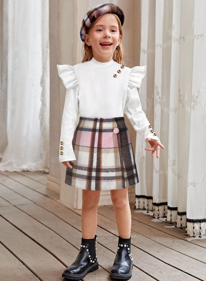 Aulyffo Toddler Girl Clothes 2t Girls Outfits 3t White Ruffle Shirt Button Long Sleeve Tops + Pink Plaid Mini Skirt Shorts + Cute Hat 3Pcs Toddler Girl Fall Outfit - Image 2