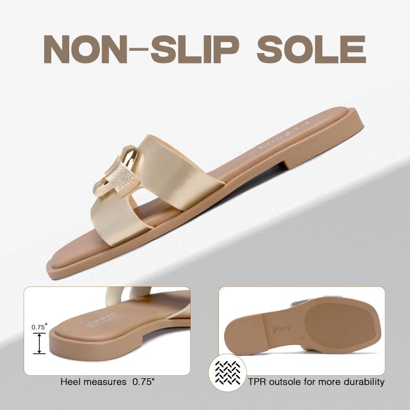 FITORY Women's Flat Sandals Fashion Square Open Toe Slides With Metal Chain Slippers for Summer Size 7 Gold - Image 4