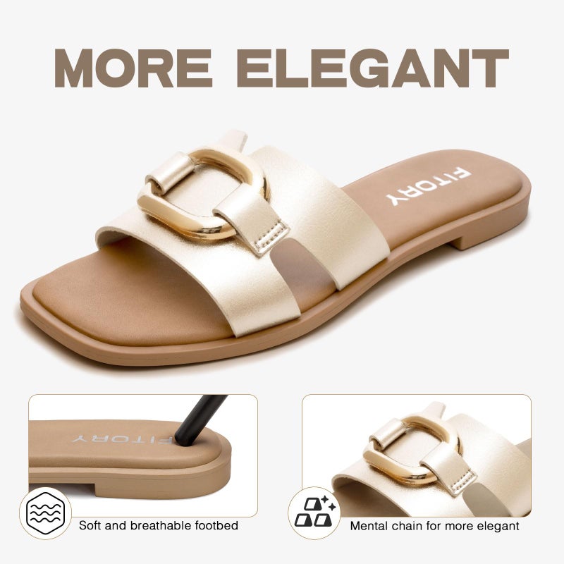 FITORY Women's Flat Sandals Fashion Square Open Toe Slides With Metal Chain Slippers for Summer Size 7 Gold - Image 5