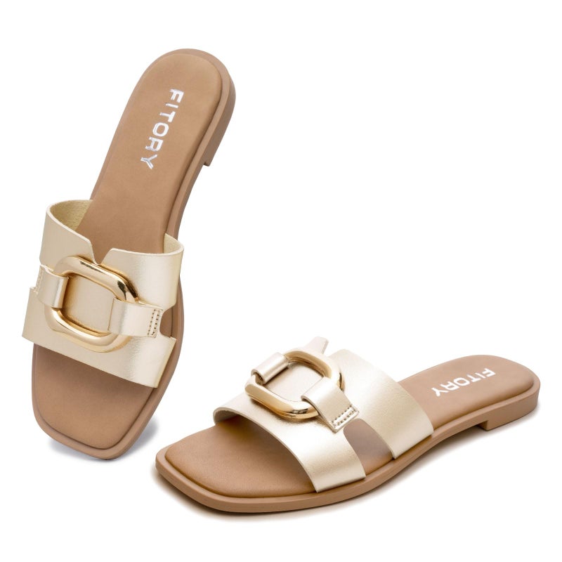 FITORY Women's Flat Sandals Fashion Square Open Toe Slides With Metal Chain Slippers for Summer Size 7 Gold - Image 1