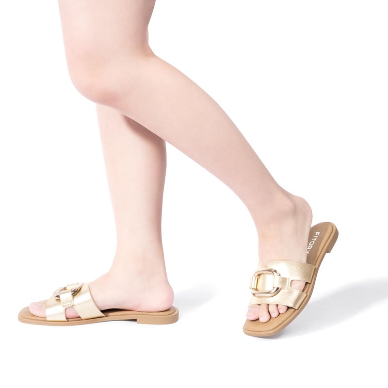 FITORY Women's Flat Sandals Fashion Square Open Toe Slides With Metal Chain Slippers for Summer Size 7 Gold - Image 2