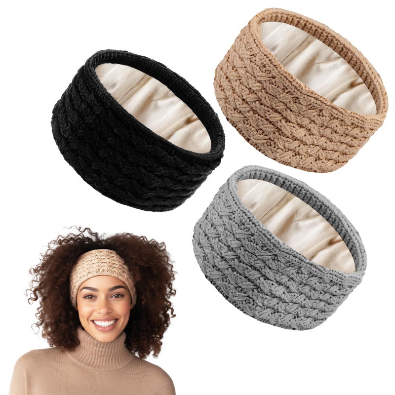Funnysoft 3 Pack Satin Lined Winter Headbands for Women, Silk Lined Beanie Caps Ear Warmers for Natural Curly Ponytail Hair(Black, Light Gray, Khaki,Delicate) - Image 1