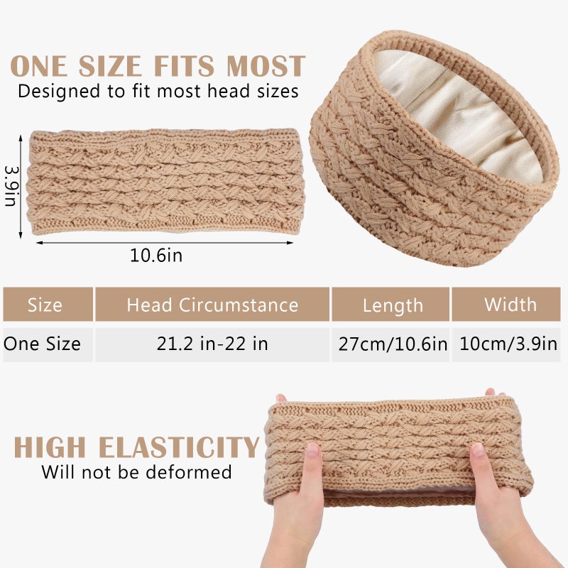 Funnysoft 3 Pack Satin Lined Winter Headbands for Women, Silk Lined Beanie Caps Ear Warmers for Natural Curly Ponytail Hair(Black, Light Gray, Khaki,Delicate) - Image 2