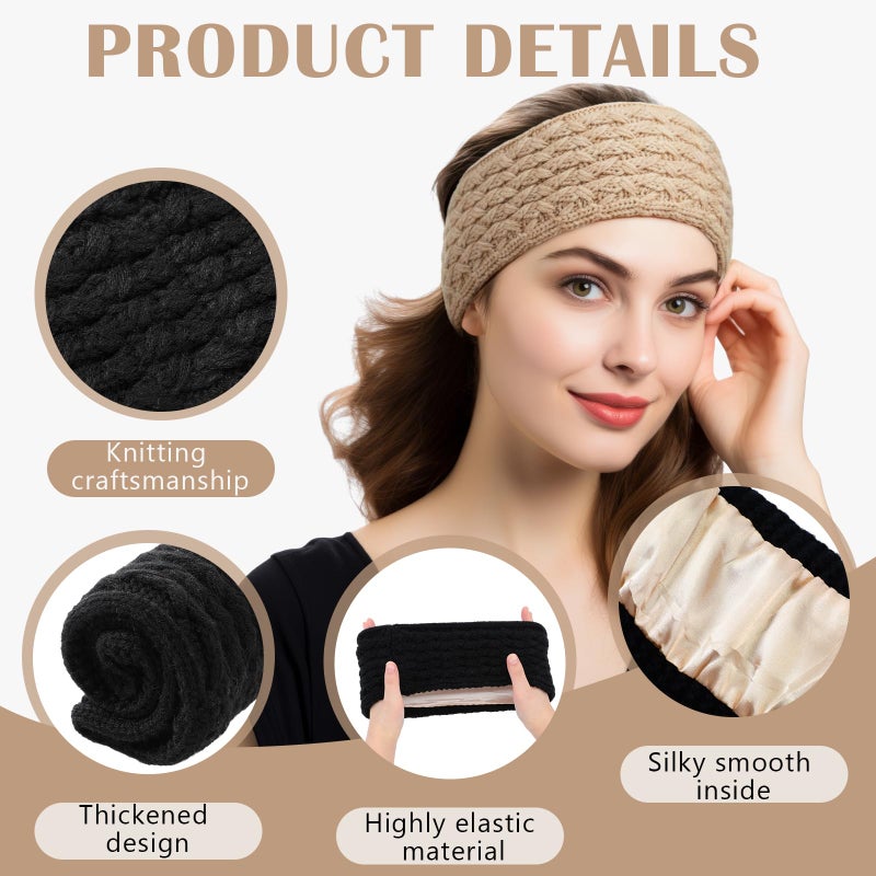 Funnysoft 3 Pack Satin Lined Winter Headbands for Women, Silk Lined Beanie Caps Ear Warmers for Natural Curly Ponytail Hair(Black, Light Gray, Khaki,Delicate) - Image 3