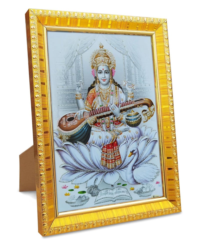 Koshtak Koshtak Saraswati mata siting on Lotus with sitar and hans 6 x 8 inch Table top stand photo frame with Unbreakable Glass for temple Worshipgifthome decor  - Image 1