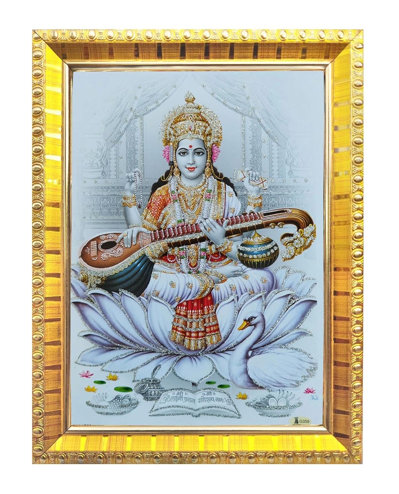 Koshtak Koshtak Saraswati mata siting on Lotus with sitar and hans 6 x 8 inch Table top stand photo frame with Unbreakable Glass for temple Worshipgifthome decor  - Image 2