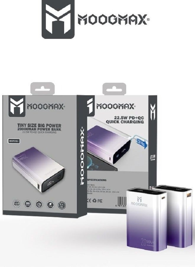 Marvel power bank 20000mAh with 22.5W, and an elegant design, small Mini size and weight, two ports (Type-C) & (USB-A), portable power bank fast charging, and a digital display screen. Gradient Purple color