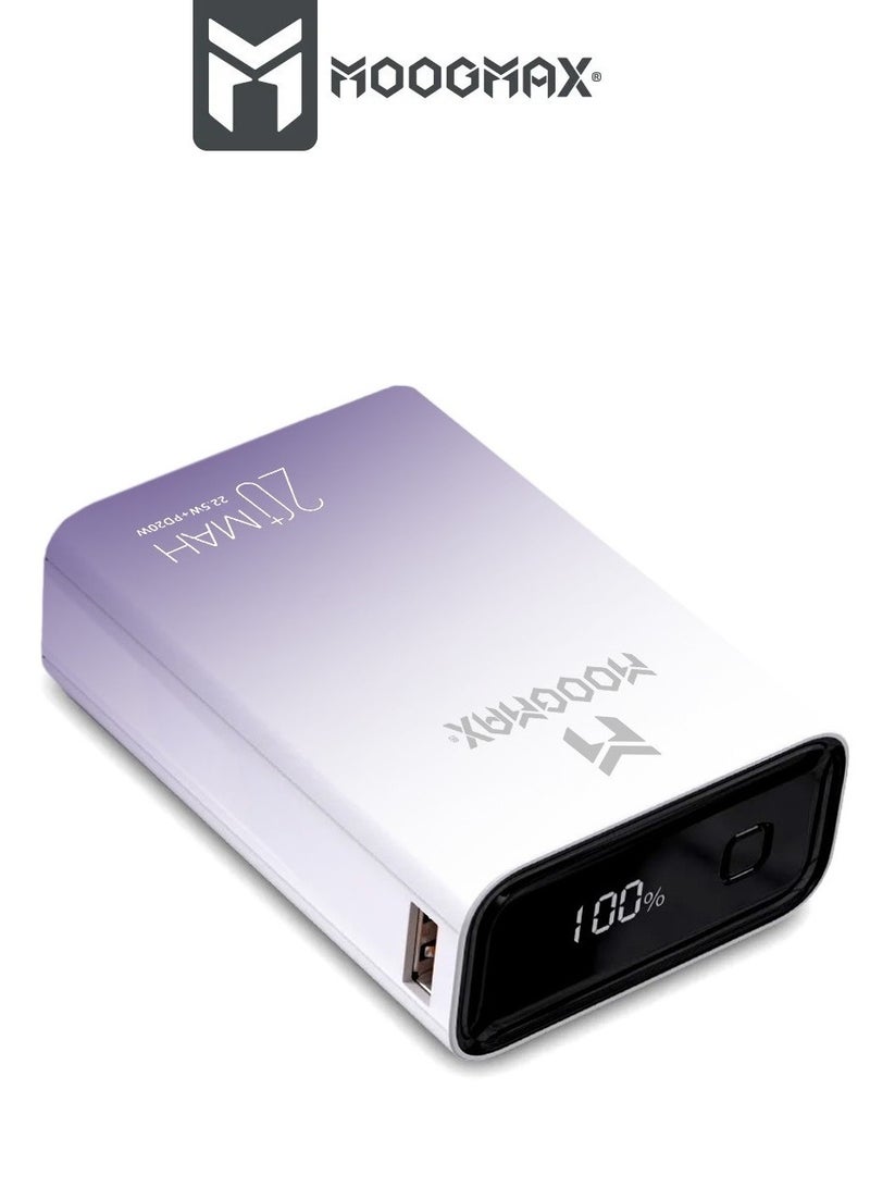 Marvel power bank 20000mAh with 22.5W, and an elegant design, small Mini size and weight, two ports (Type-C) & (USB-A), portable power bank fast charging, and a digital display screen. Gradient Purple color