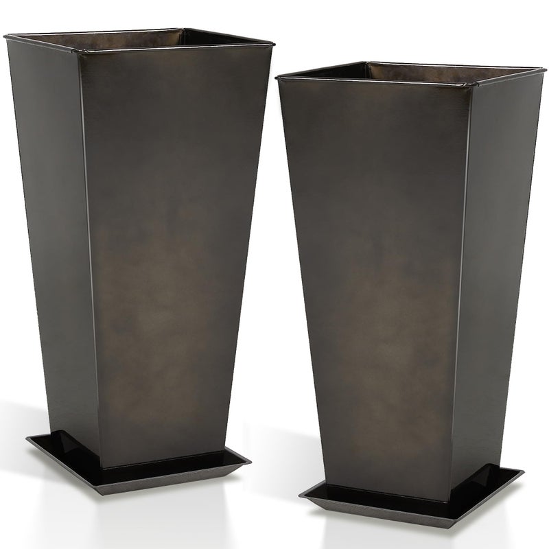 Worth Garden 25" Large Metal Glazed Planter Set of 2, Luxurious Glossy Finish Green Tall Square Tapered Steel Plant Pots, Decor Flower Pot Indoor & Outdoor, Drainage Hole & Dual-Purpose Plant Saucer - Image 1