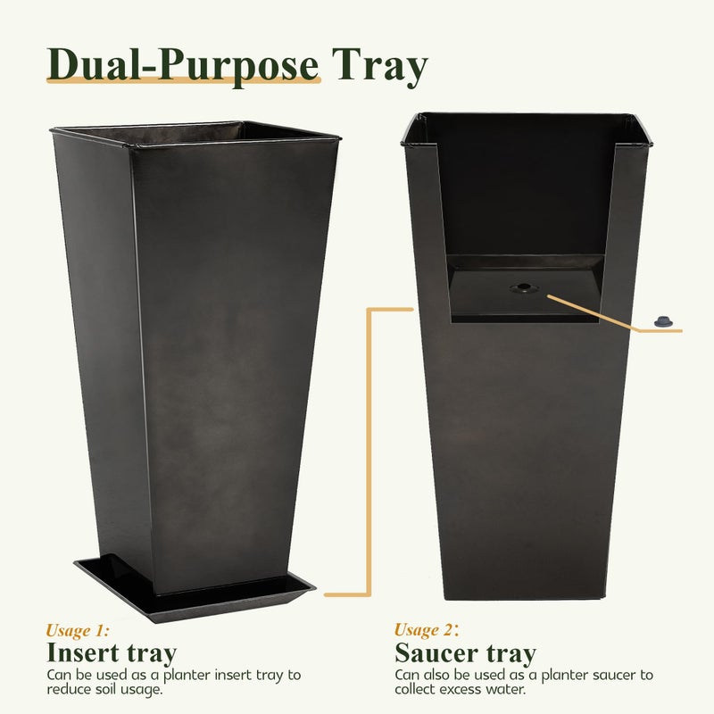 Worth Garden 25" Large Metal Glazed Planter Set of 2, Luxurious Glossy Finish Green Tall Square Tapered Steel Plant Pots, Decor Flower Pot Indoor & Outdoor, Drainage Hole & Dual-Purpose Plant Saucer - Image 3
