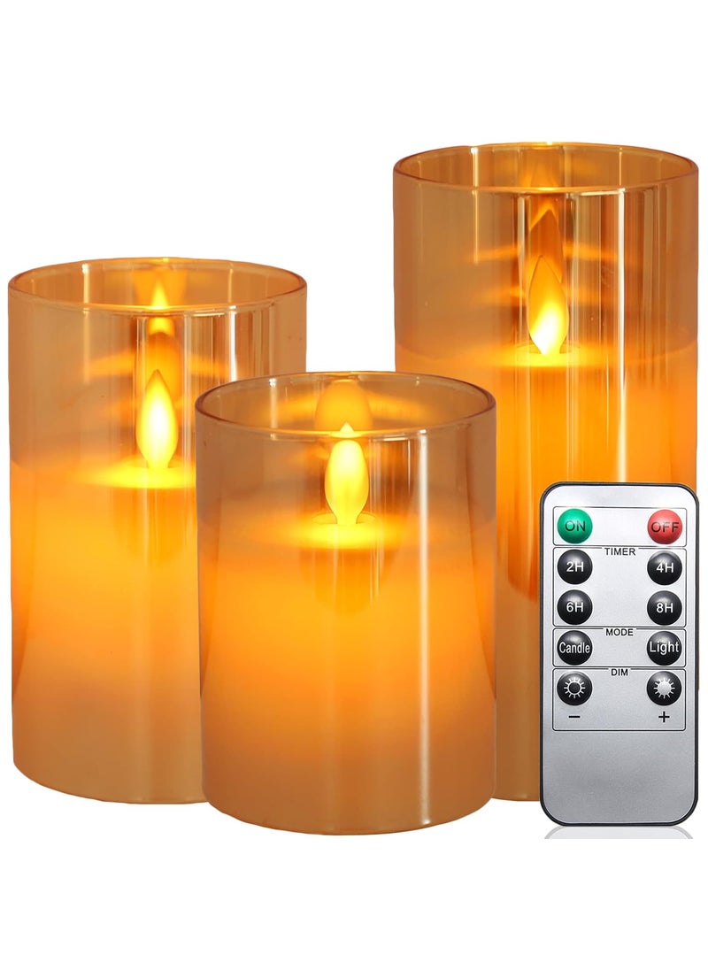 Lezonic - Lezonic Amber Flickering Flameless Candles Battery Operated with Remote and Timer, Glass Real Wax LED Pillar Candles for Fall Halloween Christmas, Pack of 3 (D 3”×H 4”5”6”) - Image 1
