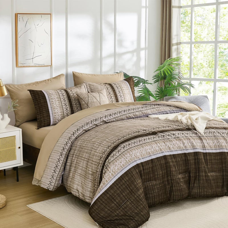 Dintszyayue Brown Comforter Set Queen Size, 8 Pieces Boho Striped Bed in a Bag Soft Microfiber Bedding Set for All Season - Image 1
