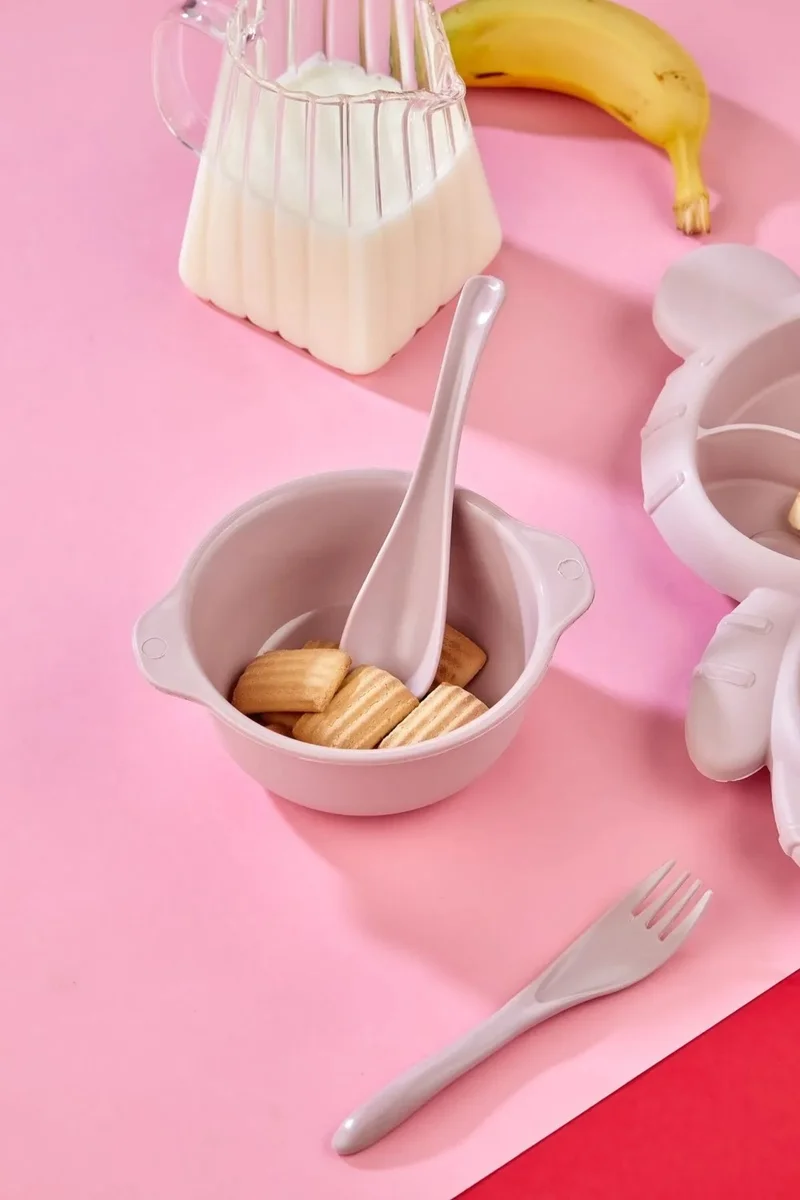 مور بيبي Purple Baby 4 Piece Food Plate Set, 3 Compartment Teddy Bear Shaped Fun Food Plate and Fork Spoon Bowl Set