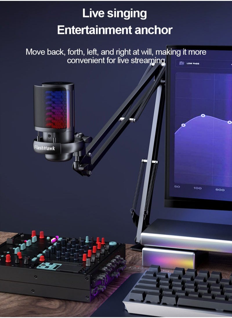 FlashHawk - PC Gaming Microphone | Condenser Microphone for Podcasting with Boom Arm, Pop Filter, and Mute Button for Streaming, RGB Gaming Microphone | Suitable for PS4/5 PC Gamer Youtuber - Image 1